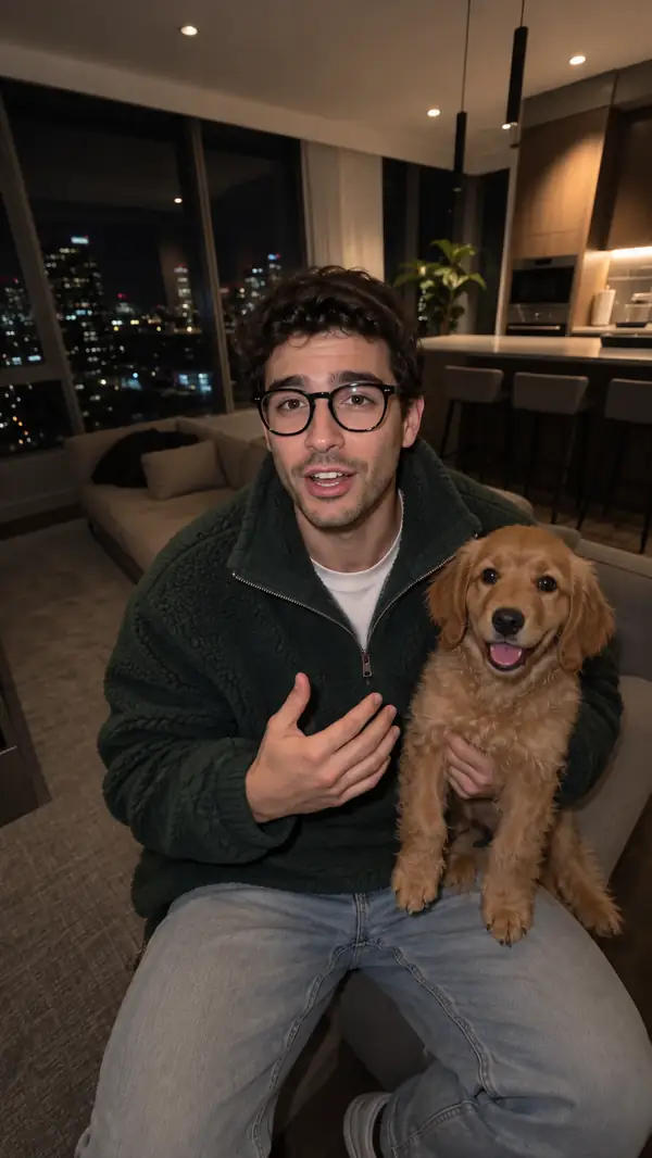 Ein Mann mit Brille hält in einem abendlichen Innenraum einen kleinen Hund, inszeniert für eine lockere Social Ad.