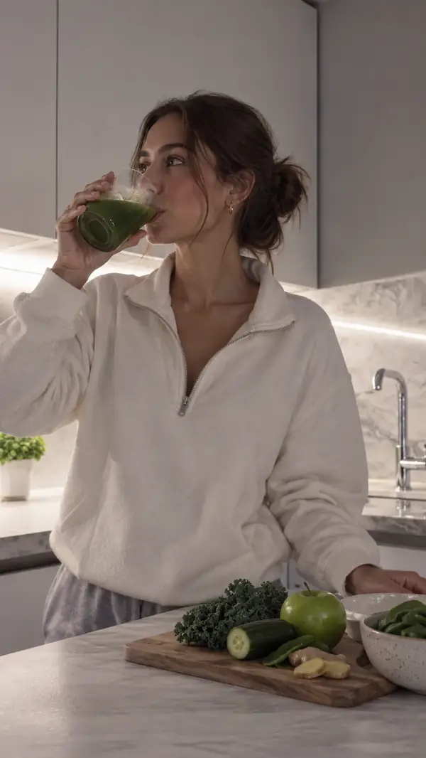 Eine Frau genießt ein Getränk an einer Küchentheke, fotografiert für ein kommentiertes Produktvideo.